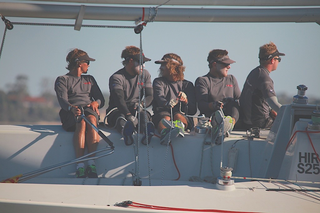 Gilmour and his crew, perfectly poised on a windward work today. - Warren Jones International Youth Match Racing Regatta 2013 © Bernie Kaaks